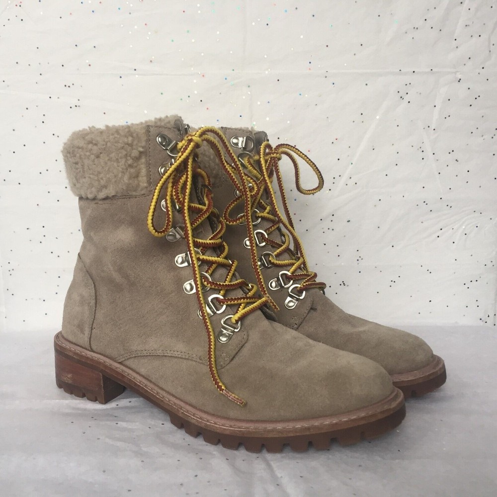 Steven Steve Madden Lavar Gray Taupe Suede Lace up Boots Size 7.5 Faux Fur Lug